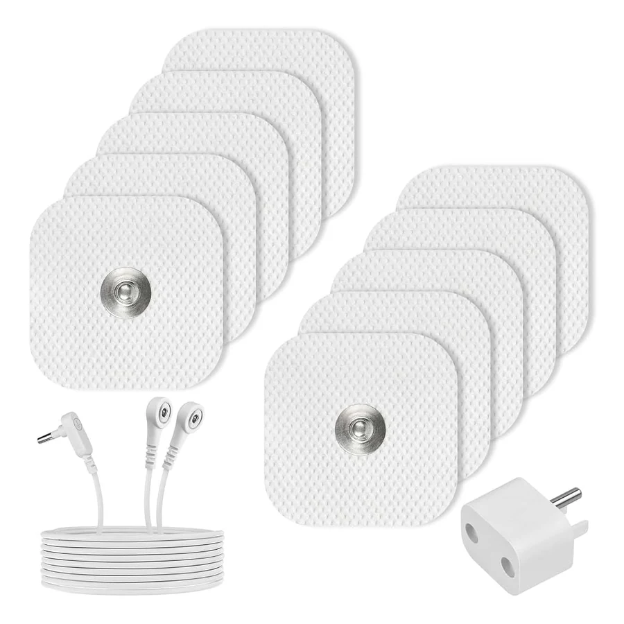 A ten-pack of generic conductive gel patches laid out with the grounding cord and wall adapter that ship with them
